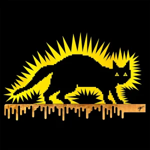The Art of the Future — Petrus Wandrey Digitalism artwork: yellow spiked cat silhouette above a dripping gold bar on black