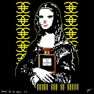 The Art of the Future — Petrus Wandrey Digitalism artwork “Money Has No Smell”: pixelated Mona Lisa with euro symbols and perfume bottle