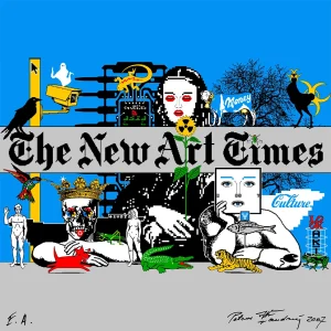 The Art of the Future — Petrus Wandrey Digitalism artwork “The New Art Times”: pixel collage with figures, animals, sunflower, and surveillance camera on blue/black