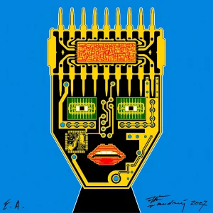 The Art of the Future — Petrus Wandrey Digitalism artwork: circuit-board face with heatsink spikes on blue