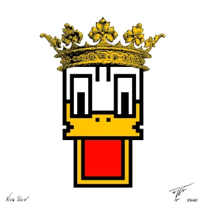 The Art of the Future — Petrus Wandrey Digitalism “King Duck”: pixel duck head with golden crown on white