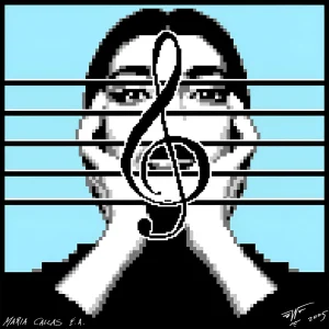 The Art of the Future — Petrus Wandrey Digitalism “Maria Callas”: pixel portrait with treble clef and staff lines on sky-blue