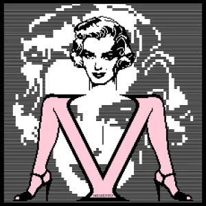 The Art of the Future — Petrus Wandrey Digitalism “Memento”: pixel portrait of a woman forming a pink ‘M’ silhouette on a striped background