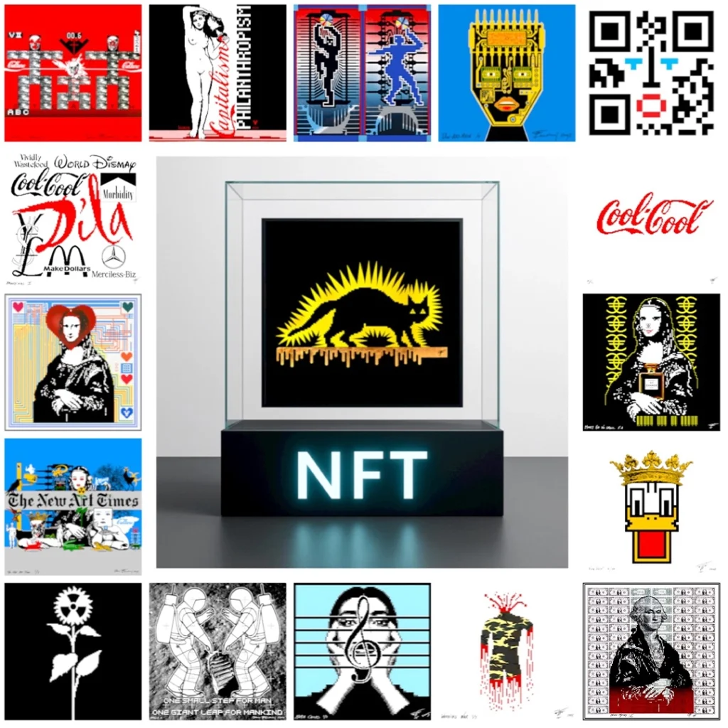 The Art of the Future — collage of Petrus Wandrey digital artworks with central NFT display at NBB Gallery